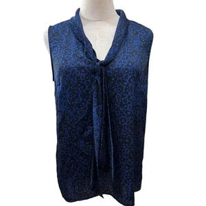 Halogen Blue & Black Leopard Animal Print Sleeveless Bow Neck Blouse Women M
